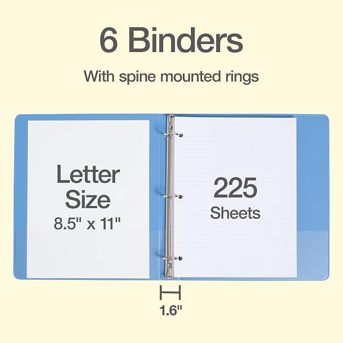 Cardinal 1 Inch 3 Ring Binders, 6 Pack, Assorted Colors, Holds 225 Sheets | Round rings, clear view covers for custom inserts, and 2 inside pockets. PVC free, non stick. Stock up pack.