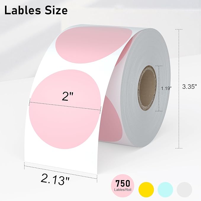 Cute Pink Thermal Labels, 2" Thermal Printer Labels for Name Tag, DIY, QR Code, Self-Adhesive Address Shipping Stickers, Blank Circle Sticker Labels Compatible with Zebra, Rollo,(750 Labels/1 Roll)