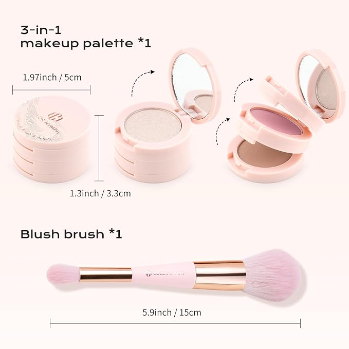 Color Nymph Blush and Highlighter Palette, 3 in 1 Contour Palette | Travel Size Makeup Kit, Long-Lasting, Lightweight & Buildable Powder for Natural Radiant Finish, Includes Brush & Mirror