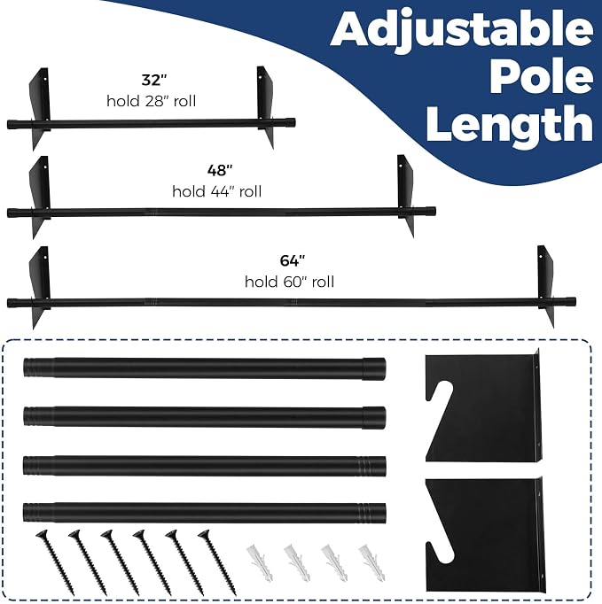 Heavy Duty Adjustable Wall Mount Paper Roll Holder Vinyl, Label 28"-60" | Butcher Paper, Vinyl, Label, Pig Mat Rolls Dispenser For Various Tubular Materials, Wall Mount Roll Rack Holder Adjustable