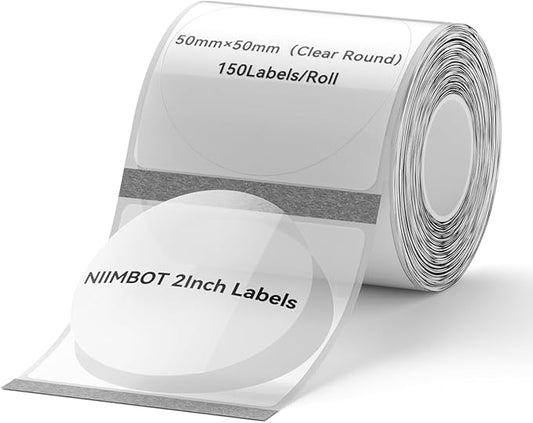 NIIMBOT Labels for B1/B21/B31 Label Maker, 50 x 50 mm (1.97'' x 1.97'') 150 Tapes/Roll, Thermal Label Tape, Waterproof, Oil-Proof for Home Office Small Business Labeling Tape Replacement(Clear Round)
