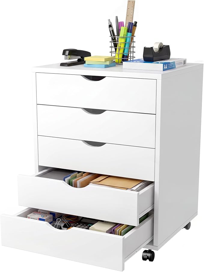 5 Drawer Rolling Storage Cabinet, Mobile File Cabinet for Office, White | Rolling Storage Cabinet with 5 Drawers for Desk Drawer Organization, Home Office Storage and Printer Stand