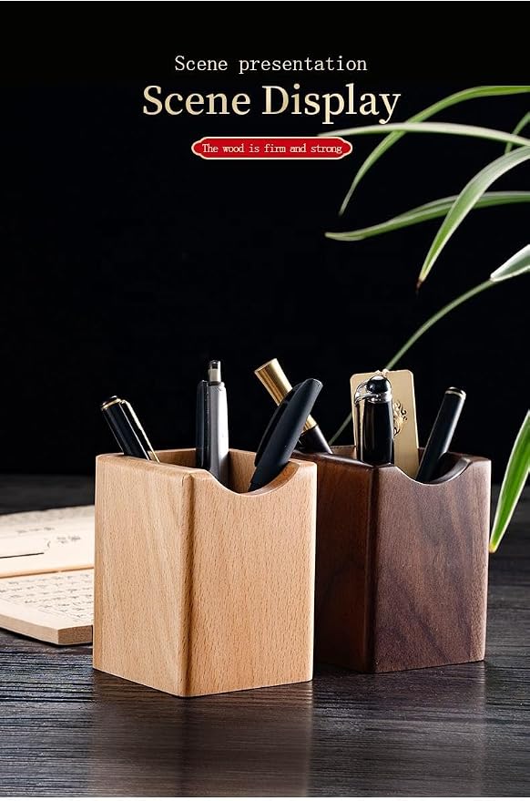 Wooden Pen Holder for Desk, 2 Pack Natural Wood Pencil Cup Holder – Office Desk Accessories Organizer, Makeup Brush Holder, Kids Crayon Marker Caddy, Eco-Friendly (2 Pack - 1 Beech + 1 Walnut))