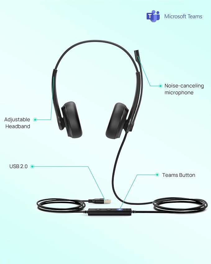 Yealink UH34 USB Wired Headset with Microphone for PC Laptop Desk Phone | Noise-Cancelling Microphone,Teams Certified, In-Line Controls for Home Office Online Class Zoom Meetings, Dual-ear headphones