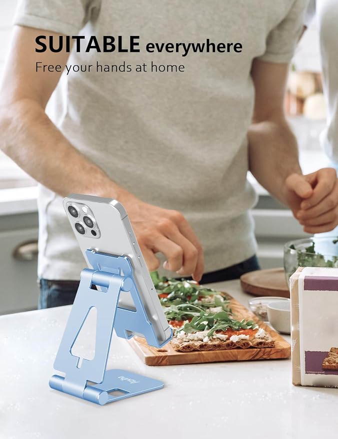 Aoviho Foldable Cell Phone Stand for Desk, Holder for iPhone,Sky Blue | Folds Flat for Easy Storage, Hands-Free Viewing, Fits iPhone 17/16/15 Series & Samsung Galaxy, Ideal for Office & Home