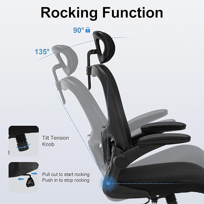 Office Chair Ergonomic Desk High Back Mesh Chair with Adjustable Lumbar Support & Headrest, Flip-Up Armrests, 300lbs Capacity Swivel Computer Chair for Home Office, Black