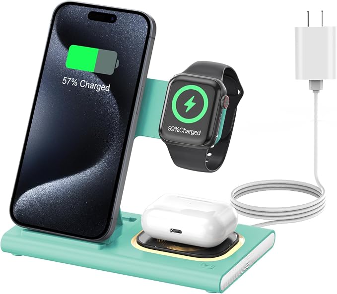 3 in 1 Foldable Wireless Fast Charging Station for Apple Multiple Devices | iPhone Charging Station for iPhone 17, Travel iWatch Charger Stand, Light Nightstand Charging Dock for Apple Watch/Airpods