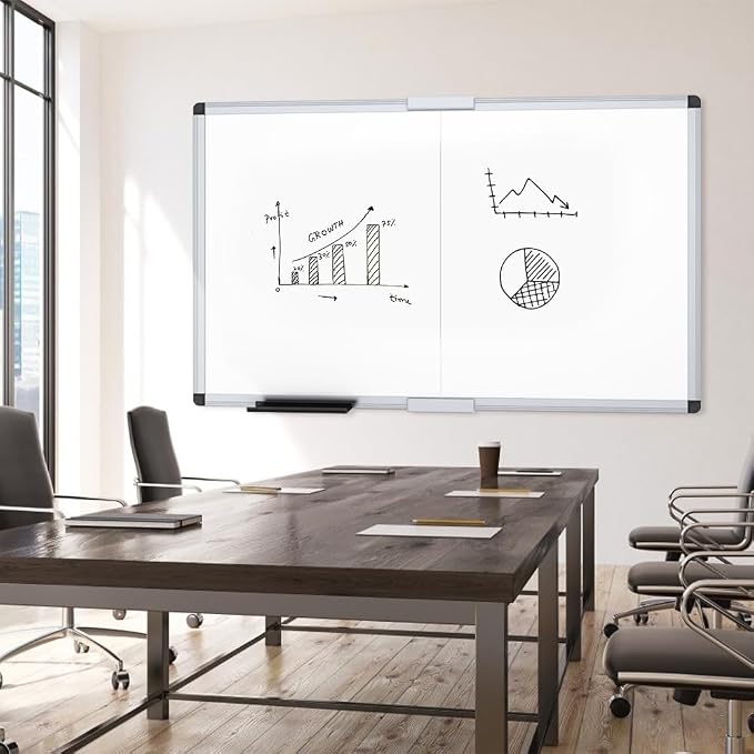 VIZ-PRO Large Magnetic Dry Erase Whiteboard, 60 x 48 Inches, Foldable | Silver Aluminum Frame, 5' x 4' Wall-Mounted Board with Marker Tray for School Office and Home
