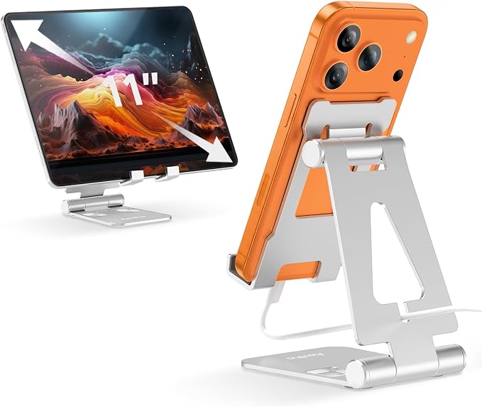 Aoviho Foldable Cell Phone Stand for Desk, Holder for iPhone,Silver | Folds Flat for Easy Storage, Hands-Free Viewing, Fits iPhone 17/16/15 Series & Samsung Galaxy, Ideal for Office & Home
