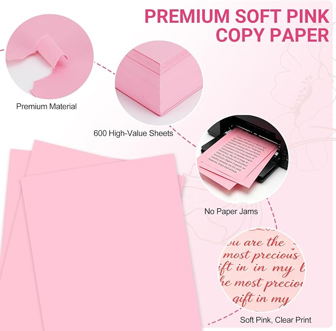 8.5x11 Inches Colored Copy Paper, 600-Sheets Pastel Pink Printer Paper | Bulk Pink Copy Paper for Office & School, Premium 80GSM Thick Color Paper Great for Printing, Arts & Crafts, School Projects