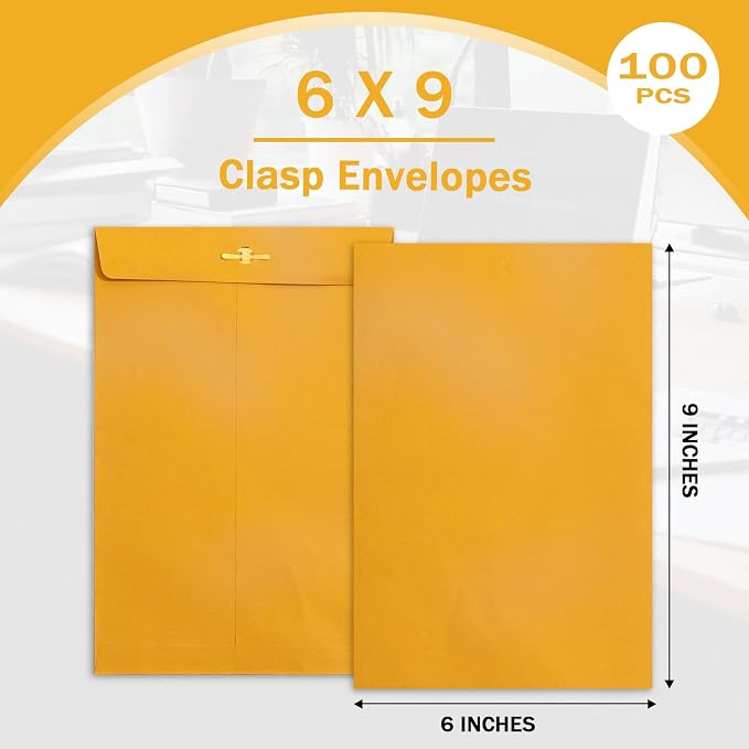 Goefun Yellow Manila Clasp Envelopes, 6x9, 100 Pack | 100GSM Heavy Kraft Paper, For Business, Legal, Office