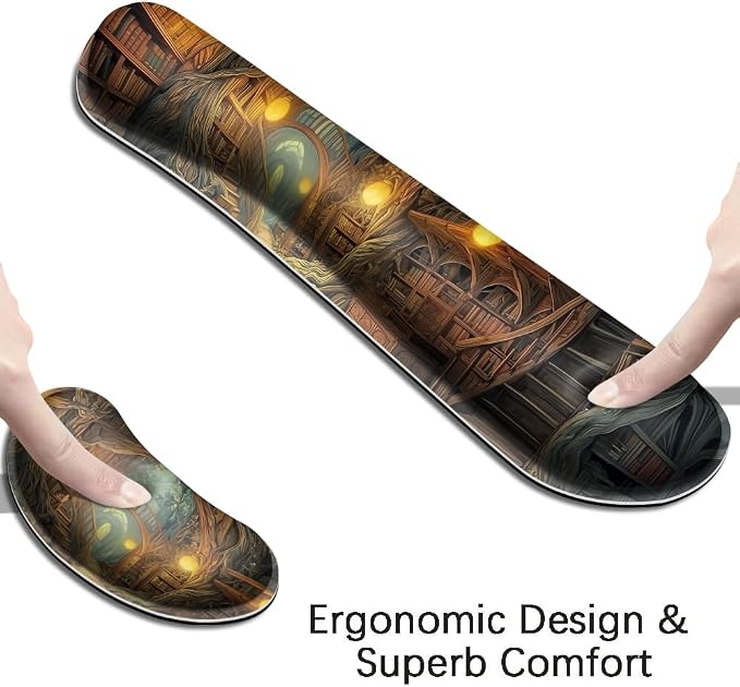 Desk Mat, Large Gaming Mouse Pad with Wrist Rest, 4 in1 XXL Mouse pad+Keyboard Wrist Rest+Mouse Pad Wrist Support+Cup Coaster Set, Ergonomic Desk Pad for Home Office, Trees Library