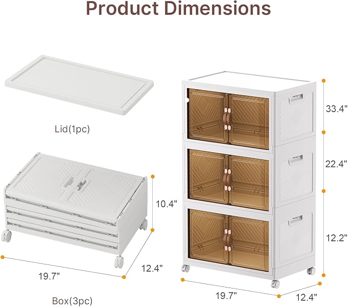 Stackable Storage Bins with Lids, 144QT Lockable Storage Cabinet | Folding Storage Box with Doors and Wheels, Collapsible Plastic Drawers for Home, Garage, Office