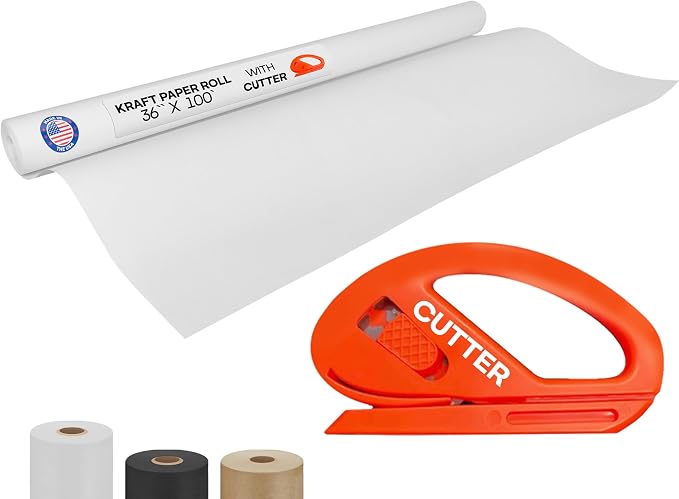 White Kraft Paper Roll 36" x 1200" (100 feet) with Cutter - USA-Made | Quality Paper 50lb Thickness for Wrapping, Packing, Moving, Shipping, & Crafts/Arts - Natural Kraft Material by IDL Packaging