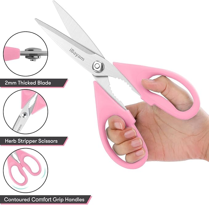 iBayam Pink Kitchen Scissors All Purpose Heavy Duty & Comfort Grip & Cover | 2-Pack Pink Kitchen Utensils Gadgets for Cooking & Baking, Dishwasher Safe, 8.7" Stainless Steel Sharp Scissors Food Poultry