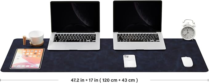 Distressed Leather Desk Mat - Non-Slip PU Desk Pad for Office and Home - Desk Organization and Accessories - Ideal for Large Mouse Pad and Desk Mats on Top of Desks(Navy Blue,47.2"x 17")