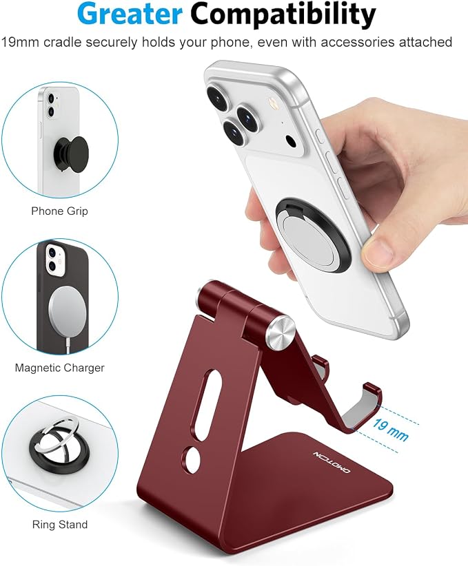 OMOTON C2 Adjustable Cell Phone Stand with Charging Cutout, Cherry Red | Sturdy 3mm Aluminum, Charging Port, 270° Adjustable, Non-Slip Silicone Pads, Works with Thick Cases, for All Smartphones