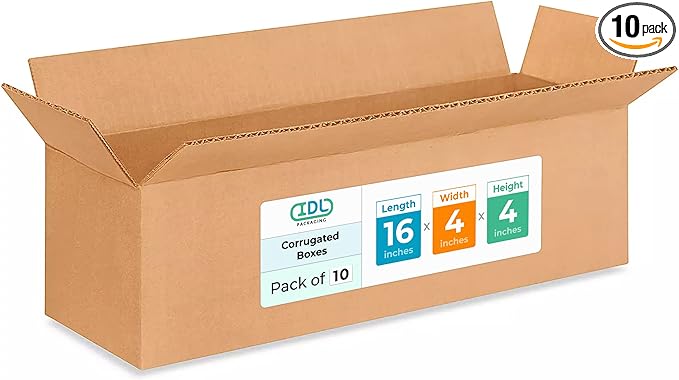 Long Moving & Shipping Boxes 16x4x4 inches (10-Pack) - Extra Strength 200 lb vs Regular - USA-Made Corrugated Moving Boxes for USPS/UPS&FEDEX - Box for Packaging Moving - Packing Box by IDL Packaging