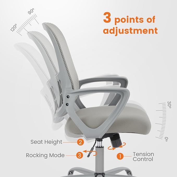 Sweetcrispy Executive Home Office Chair, Mesh Office Chair, Grey | Ergonomic Executive, Adjustable Height, 360° Swivel Wheels, Mid-Back, Comfy Arms, Bedroom, Study, Student
