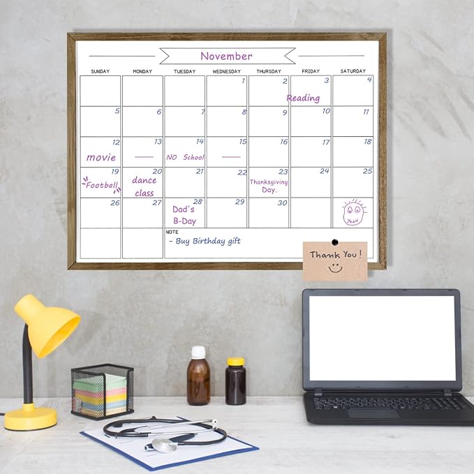 Large Dry Erase Monthly Calendar Whiteboard for Wall, Magnetic,23.6"x 31.5" | Solid Pine Wood Rustic Brown Frame,Magnetic Surface White Board for Wall,for Office/School/Home