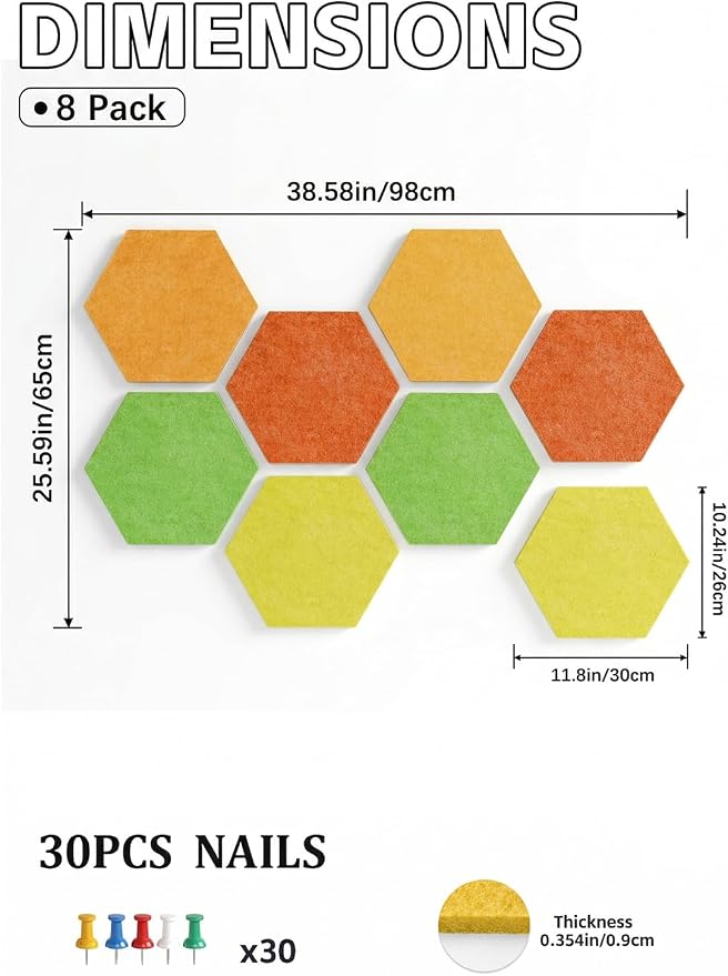 8-Pack Hexagon Felt Bulletin Board Tiles, Cork Board Alternative | For students and teachers creating vision boards in homes, offices, dorms or classrooms; includes 30 push pins.