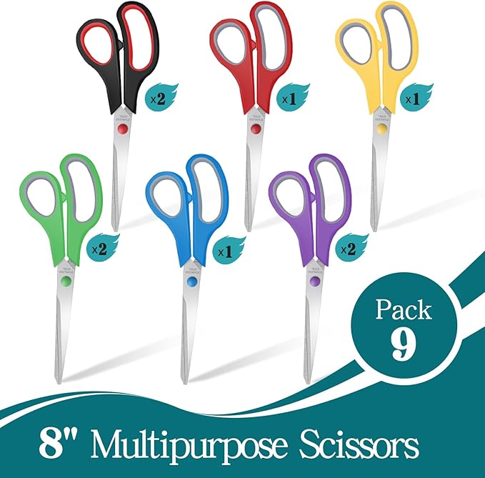 9 Packs 8" Sewing Craft Scissors Bulk,Multipurpose Heavy Duty Sharp Paper Scissors,Stainless Steel Shears for Home Office Student Teacher Supplies