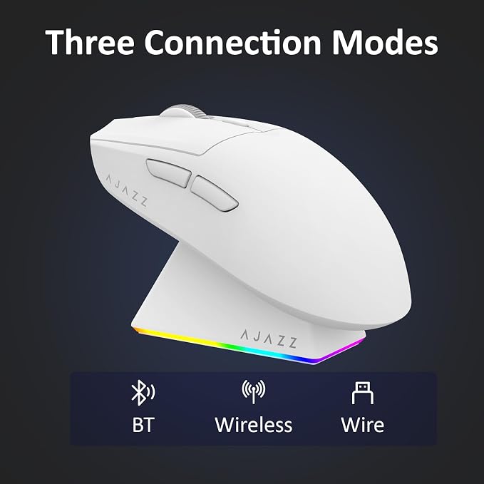 AJAZZ AJ139 V2 MC Wireless Gaming Mouse with RGB Charging Dock, 66g Ultra-Lightweight Tri-Mode Optical Mouse, 12000 DPI PAW3311 Sensor, Ergonomic Rechargeable Gaming Mouse for PC/Mac - White