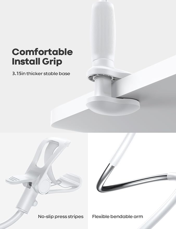 Lamicall Gooseneck Phone Holder for Bed, Stable Flexible Arm Stand for Desk | Upgraded Al-Mg Alloy Core, Secure Clamp Base, 33.4" Long Arm, Hands-Free Viewing, Bedside & Desk Use, Fits 4-7" Phones, White