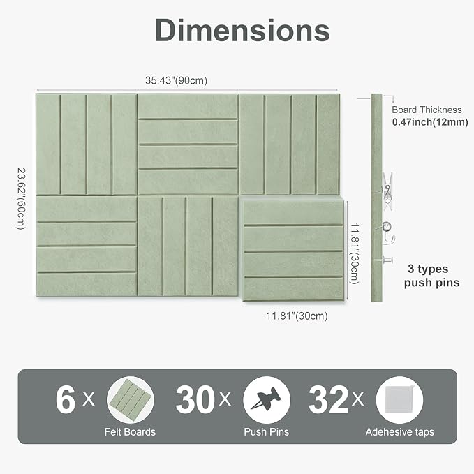 0.47" Thick Felt Wall Tiles 36"x24" Cork Board Alternative 6 Pack 11.81"x11.81"Felt Bulletin Board Pin Board with Removable Adhesive Tape&30 Pushpins for Home Office School(Bold-Sage)