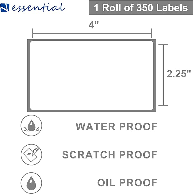 ESSENTIAL 2.25"x 4" Direct Thermal Barcode Labels, Shipping Labels, Compatible with Zebra & Rollo Label Printer, 350 Labels of Roll (12 Rolls 4200 Labels)