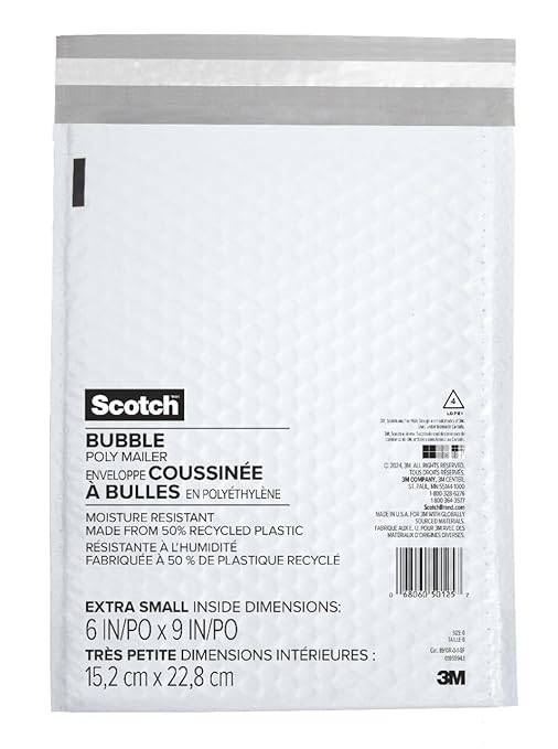 Scotch Poly Bubble Mailer, White, Extra Small Size 0 Inside Dimensions 6 IN x 9 IN, made with 50% recycled plastic 4pk