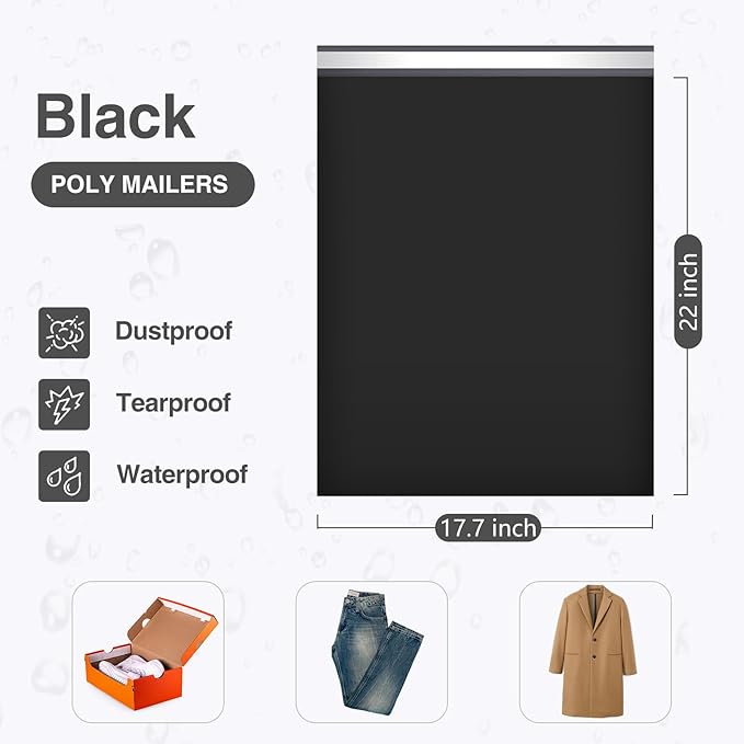 UCGOU 17.7x22 Large Poly Mailers Black Shipping Bags Self-Sealing Waterproof and Tear-Proof Shipping Envelope for Small Business Mailers Poly Bags for Clothing, Books 50 Pack
