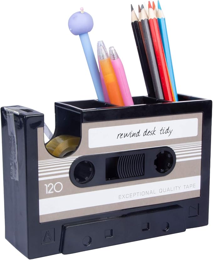 Aobopar Tape Dispenser Pen Holder, Retro Cassette Tape Dispenser, 80's Desk Accessories, Retro Office Supplies, Funny Cute Tape Dispenser (Grey-TD)