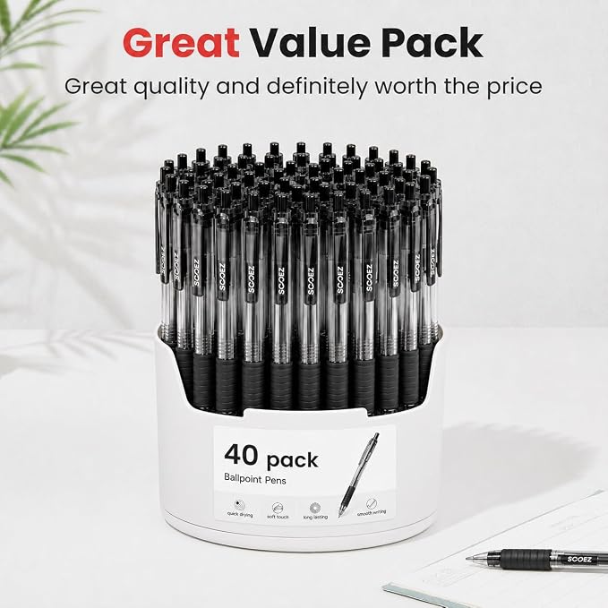 Sooez 40 Pack Bulk Pens Ballpoint, Smooth Writing Pens with Soft Grip | Retractable Blue Ink Pens, Medium Point 1.0mm Pen for Journaling, Ballpoint Pen Office Supplies