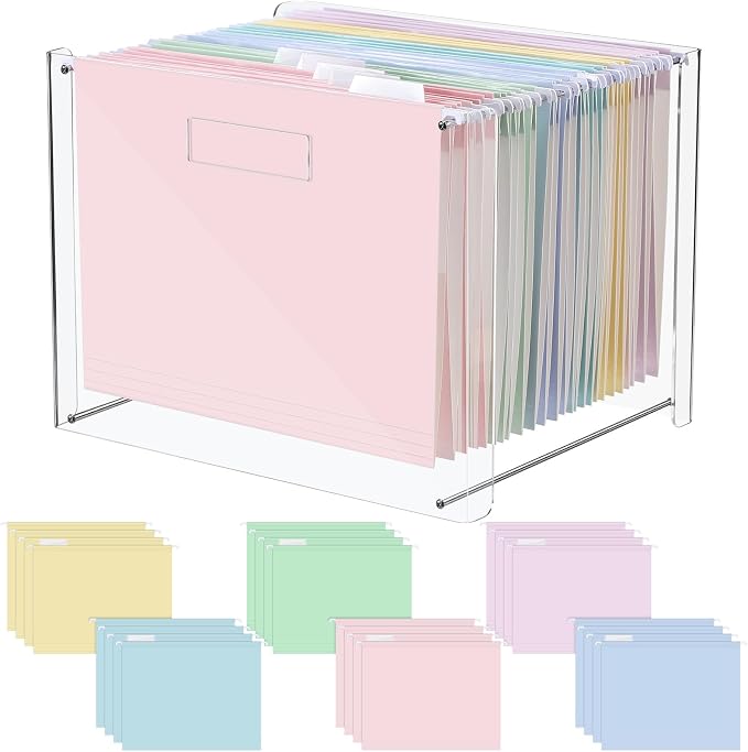 Dispowreath 24 Hanging File Folders Acrylic Desktop Organizer,Pastel | Clear Acrylic Box with Handles, Letter A4 Compatible, Colorful Tab Labels Included, for Classroom Office,Back to School