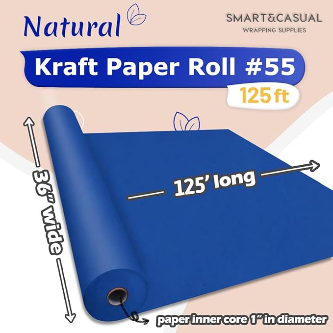 SMART&CASUAL 36" x 1,500" (125') Blue Kraft Craft Paper Roll for Gift Wrapping Bulletin Board Bouquet Flower Kids Art Packing Parcel Table Covering 80GSM 55LB (Blue, 36" x 125')