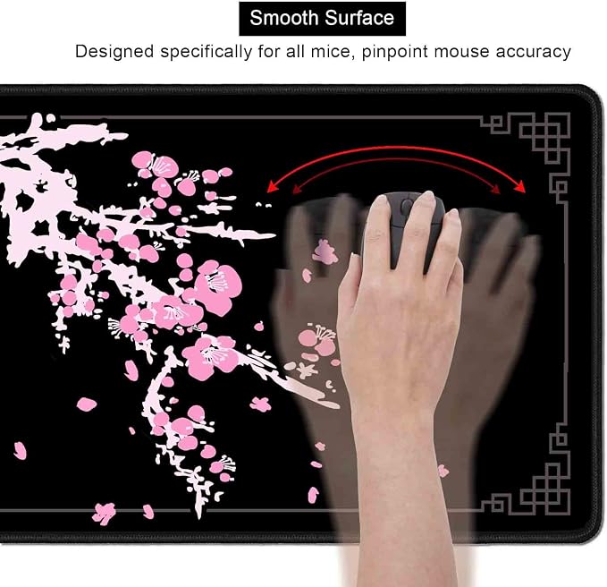 Japanese Pink Cherry Blossom Desk Pad, Black Long Mouse Pad Deskmat, Cute Desk Mat for Desktop, Women Computer Laptop Protector Writing Pads for School Office, 31.5 X 11.8 in- Sakura Flowers
