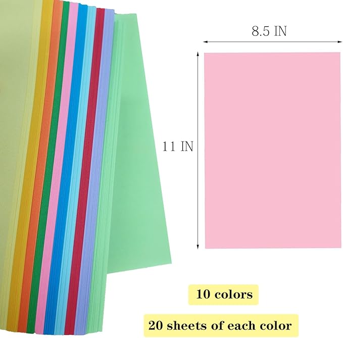 Colored Paper 8.5 x 11 Assorted Colored Copy Print Paper, 10 Colors Letter Size Lightweight Colored Construction Paper for Cutting DIY Art Painting Drawing Origami Craft School Office Supplie