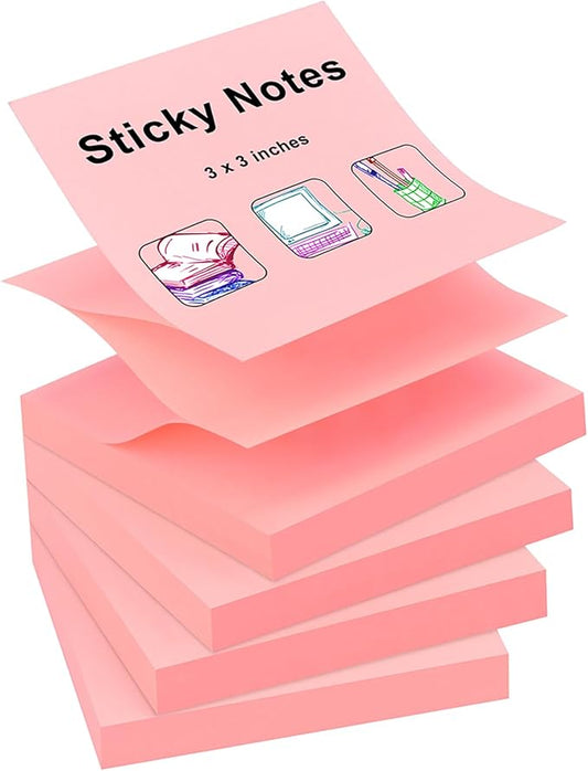 ZCZN 400 Sheets Pop-up Sticky Notes, 3 x 3 Inches, 4 Pads Bright Color Self-Stick Notes, 100 Sheets/Pad, Pink