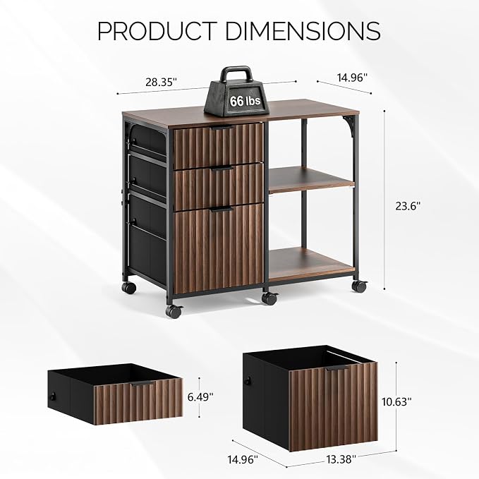 VINGLI 3 Drawer Mobile File Cabinet Printer Stand, Fluted Filing Cabinet with Open Storage Shelves Adjustable, Rolling Lateral Fabric Filing Cabinet for Home Office, Fits Letter Size, Walnut