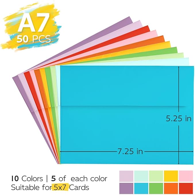Colored Envelopes Self Seal A7 50 Pack, 10 Colors, Goefun 5.25 x 7.25 Printable Invitation Envelopes for 5x7 Cards, Weddings, Graduation, Photos, Baby Shower, 120 GSM