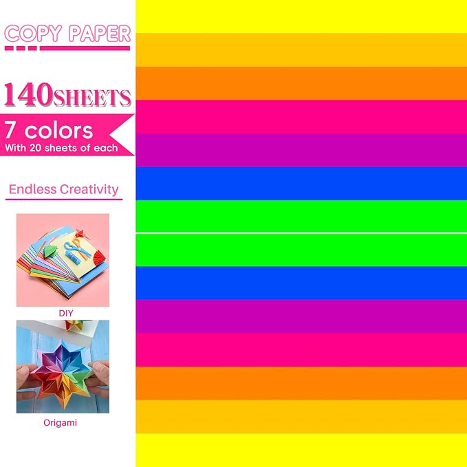 Colored Copy paper 8.5X11 Inches,140 Sheets 20 lb/80GSM 7 Colors Neon Fluorescent Letter Size Printer Multipurpose Paper for Office School Education Daily Printing,Document Copying,Study