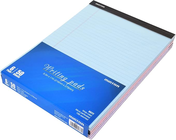 Mintra Office Colorful Legal Pads - Includes 2 Blue, 2 Pink, and, 2 Green Writing Pads, Micro Perforated Lined Sheets, Ideal for Professional & Personal Use, 8.5"x11" Wide Ruled, 6 pack Basic Pastel