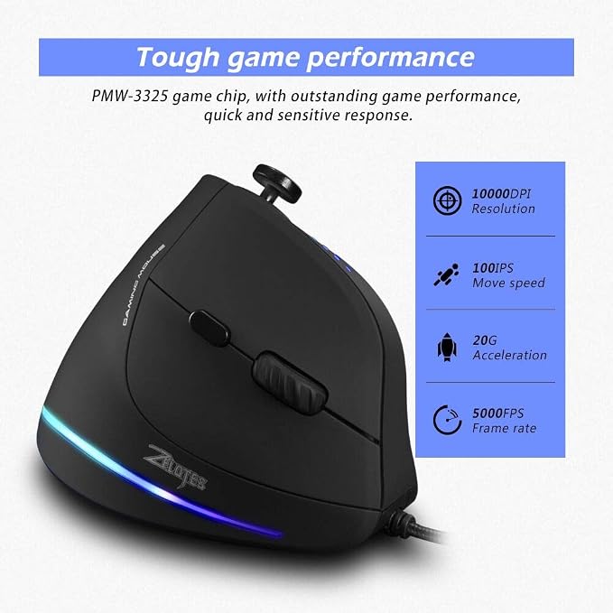 zelotes Ergonomic Gaming Mouse with Joystick,10000 DPI(6-Level Adjustable),11 Programmable Buttons,RGB Lighting, USB Optical Wired Vertical Mouse for Office/Gaming/Laptop/PC (Black)