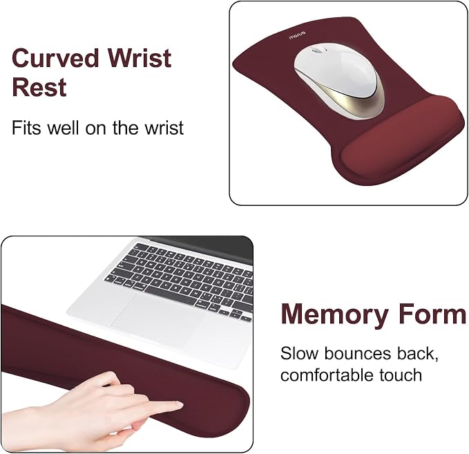 MOSISO Wrist Rest Support for Mouse Pad&Keyboard Set, Wine Red | Ergonomic Mousepad&Coaster Non-Slip Base Home/Office Pain Relief&Easy Typing Cushion with Neoprene Cloth&Raised Memory Foam