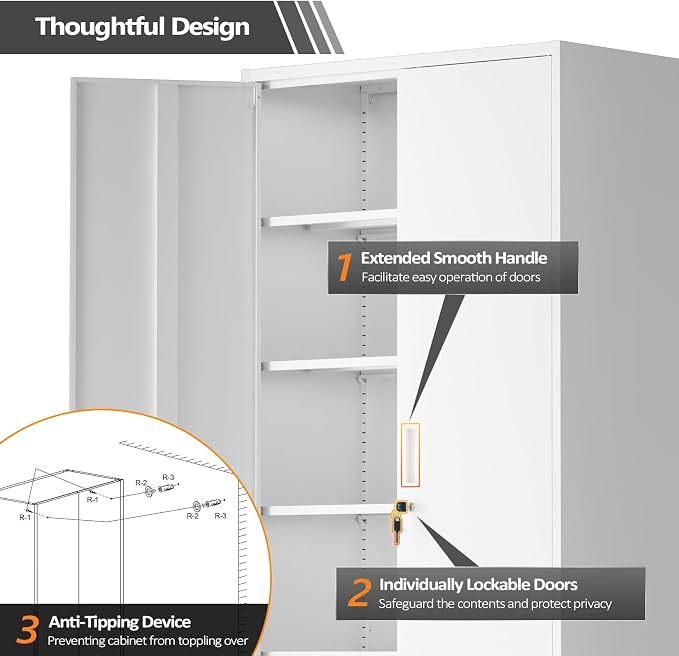 VINGLI Metal Garage Storage Cabinet with 2 Doors and 5 Adjustable Shelves, 71" Tall Steel Lockable File Cabinet, Locking Tool Cabinets for Home Office Garage Gym School (White)