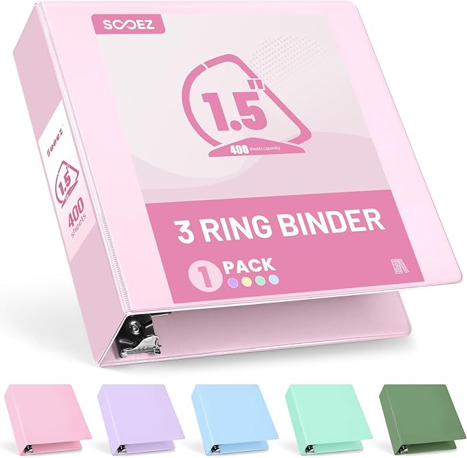 Sooez 3 Ring Binder 1.5 Inch, D-Ring Binder with Pockets, Pink, 8.5"x11" | Holds 400-Sheet of Letter Paper, Extra Durable, PVC-Free, Clear View Cover, Interior Pockets, Eco-Friendly, School, Office