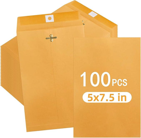 100 Pcs 5 x 7.5Inch Manilla Envelopes,Kraft Envelopes with Clasp Closure and Gummed Seal for Office Document School Business Home