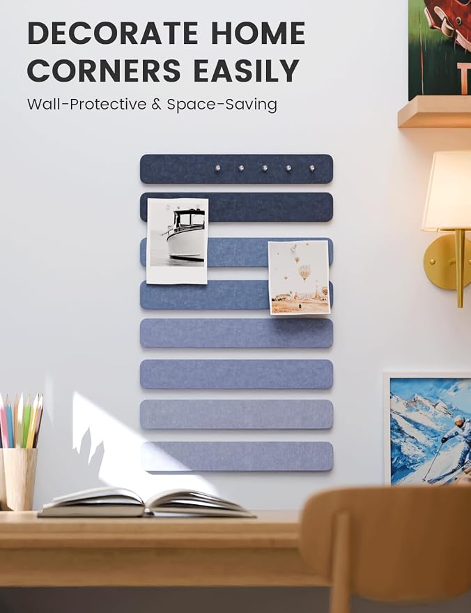 Fluxynara 13" x 2" Felt Wall Panels, Denim Mist | 8-Pack Includes 50 Push Pins and Adhesive Tabs for Photos, Notes and Decor in Bedroom Doors, Home Office or Studios