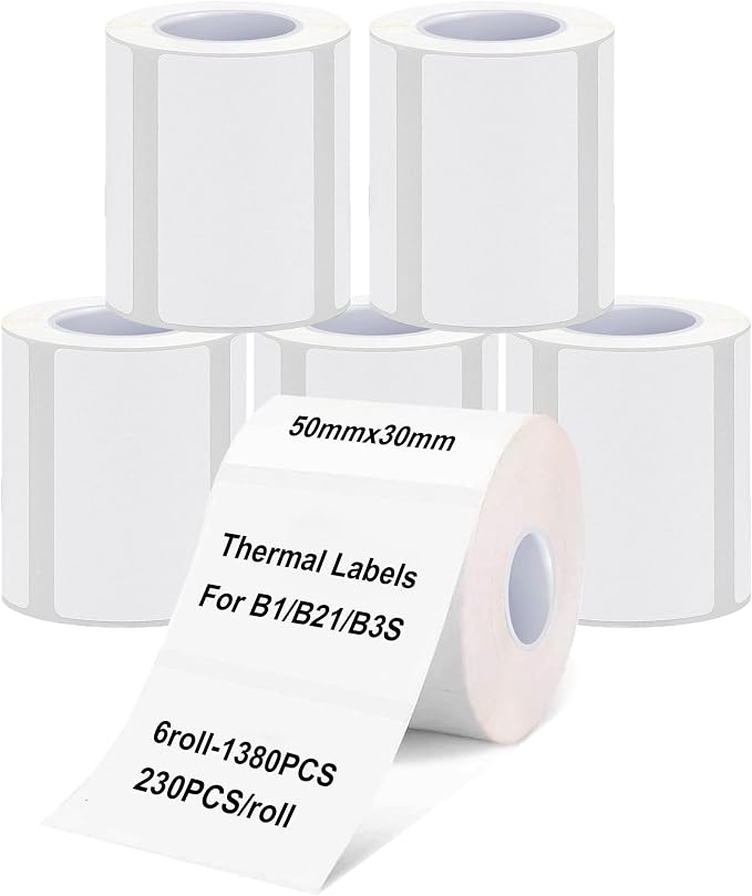 Thermal Labels Maker Tapes for B21/B3S/B1 Printer,1.91" X 1.18" (50 X 30mm) | 230 Labels/Roll,Multi-Purpose Adhesive Labels Sticker Paper for Home Office Small Business Address School,6 Rolls White